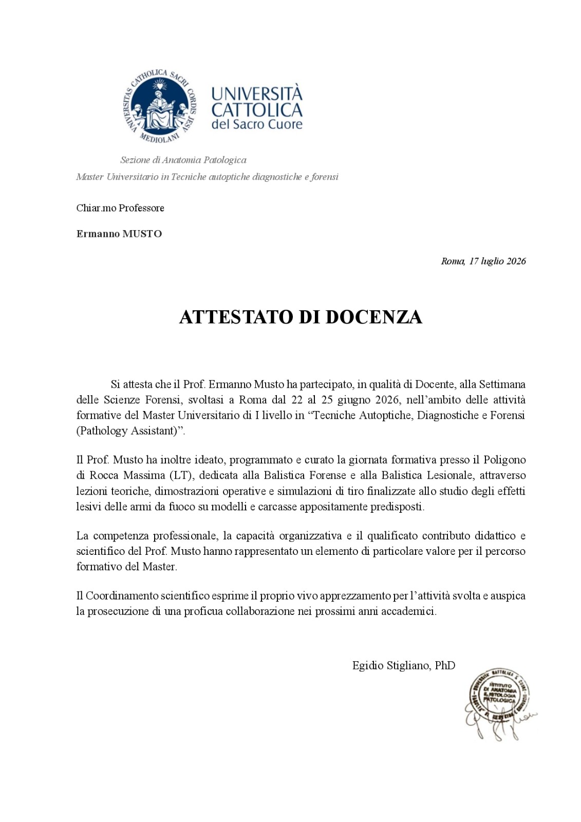 Docente calibri e cartucce. EFI Malta. Attestato docenza Balistica Lesionale Università Sacro Cuore